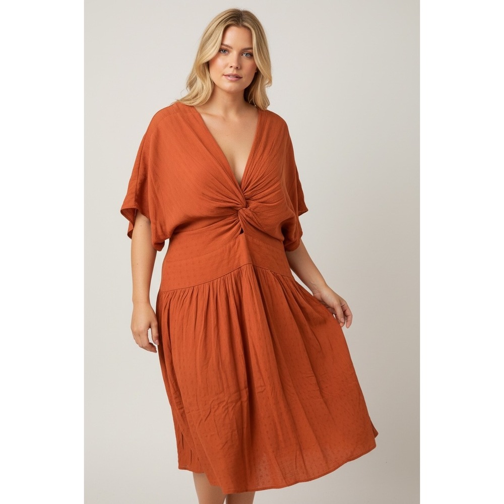 Time Square Rust Twist‎ Front Plus Size 2X V-Neck Midi Dress Boho Tiered